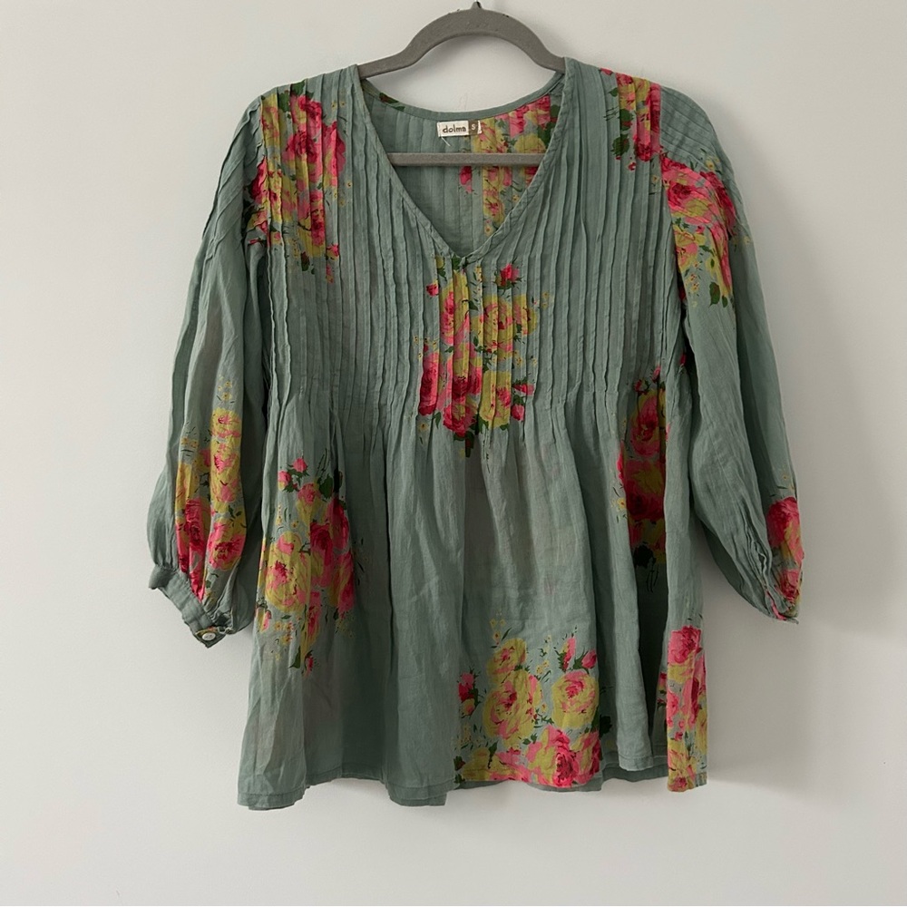 Dolma Sage Green Floral V Neck Pintuck Cotton Boho Flowy Blouse S
